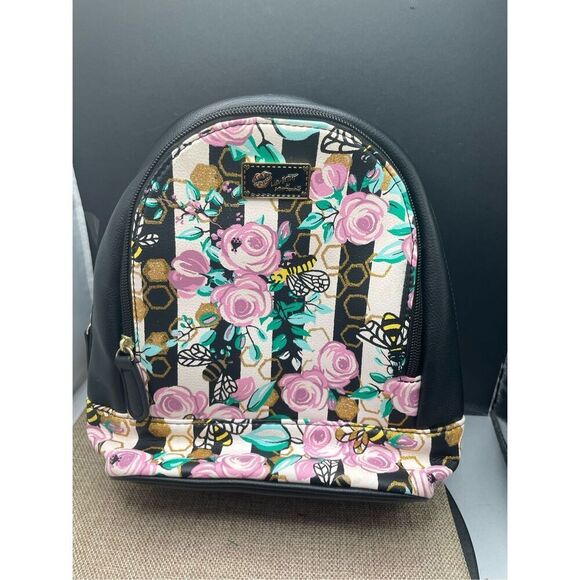 BETSEY JOHNSON Black Mini Backpack With Rose Floral Bee Sparkle & Stripes - Picture 8 of 8
